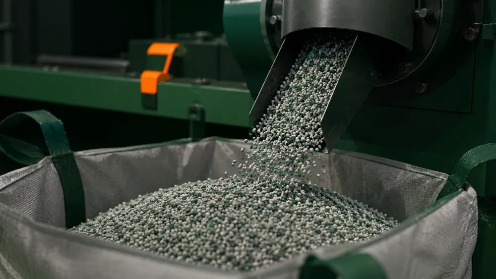 Granulés recyclés versés dans un big bag en sortie de ligne
